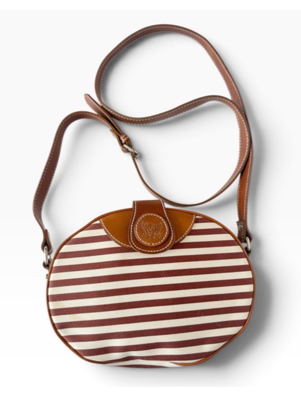 Vintage Liz Claiborne Brown Stripe Cotton Leather Trim Crossbody Shoulder Purse